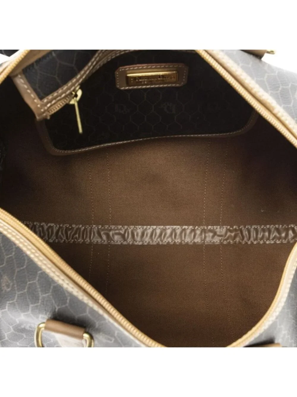 Dior Vintage Small Travel Boston Dark Gray Brown Honeycomb Canvas Shoulder Bag - Picture 9 of 10